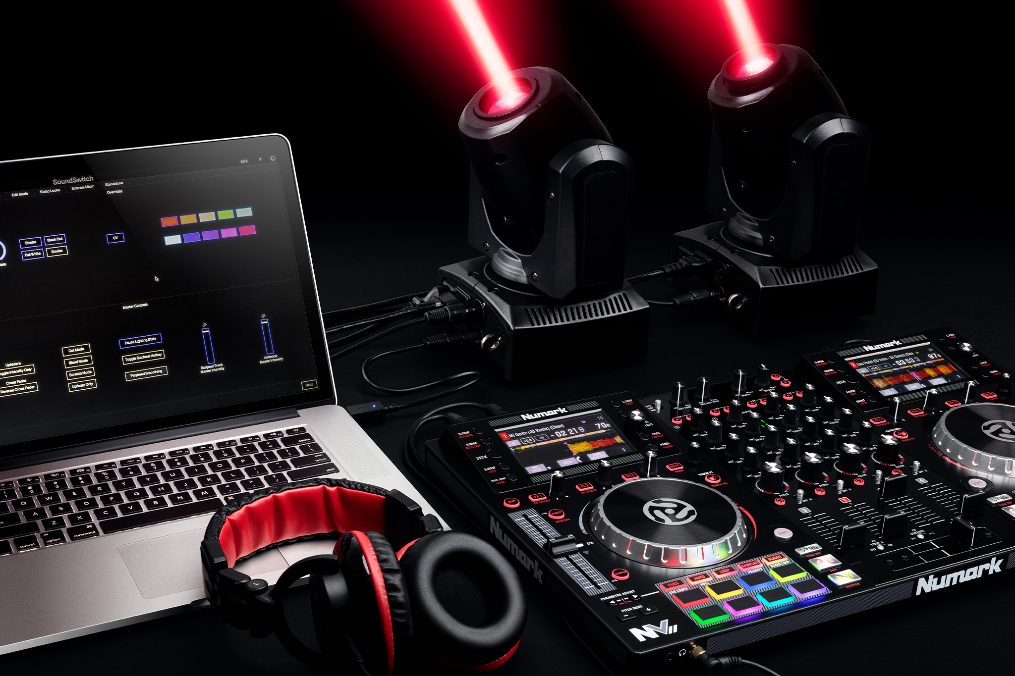 SoundSwitch Desktop DMX lighting software for DJs and Philips HUE used along side a Numark Controller for Serato DJ